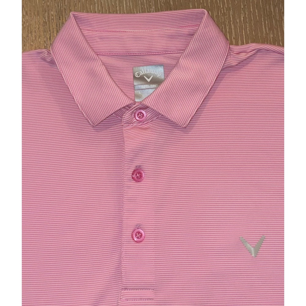 Callaway‎ Opti Dri Polo Shirt Mens Large Pink Stripe Golf Performance EUC